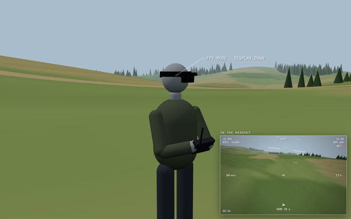 An operator wearing the headset flying an FPV drone, with the drone's feed in a box.