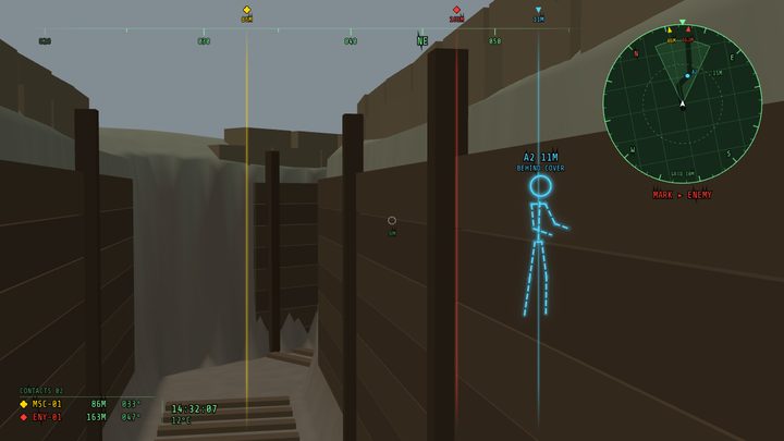 View down a trench with a teammate outlined past the bend, under the headset's compass and minimap.