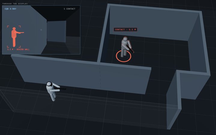 Cutaway of a room: a soldier in a corridor locates a person around the corner through the wall.